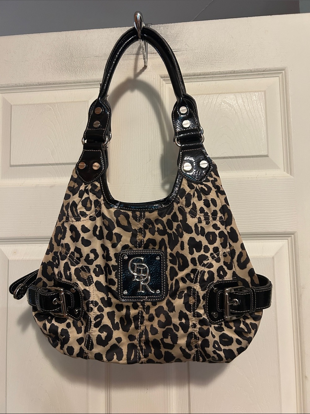Genna De Rossi Leopard Print Hobo Bag with Black Trim